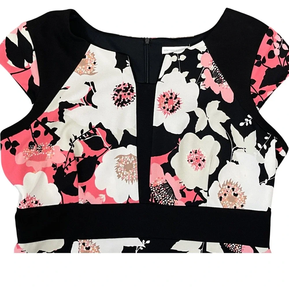 New York & Company Pink Black Women Sheath Dress 16 Floral Cap Sleeve Colorblock